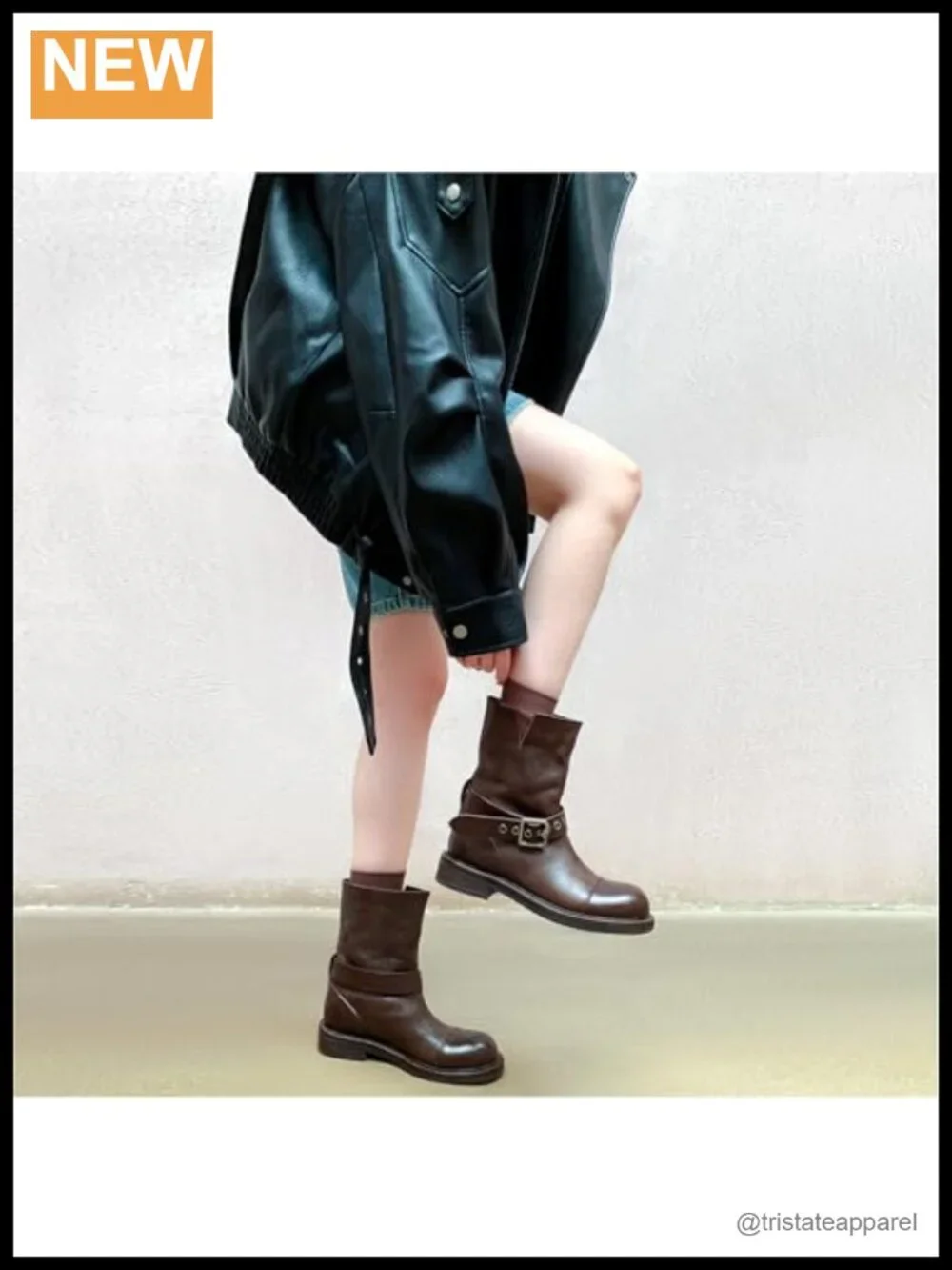 Western Ankle Boots Round Toe Flat Heel Slip-On with Silver Buckle